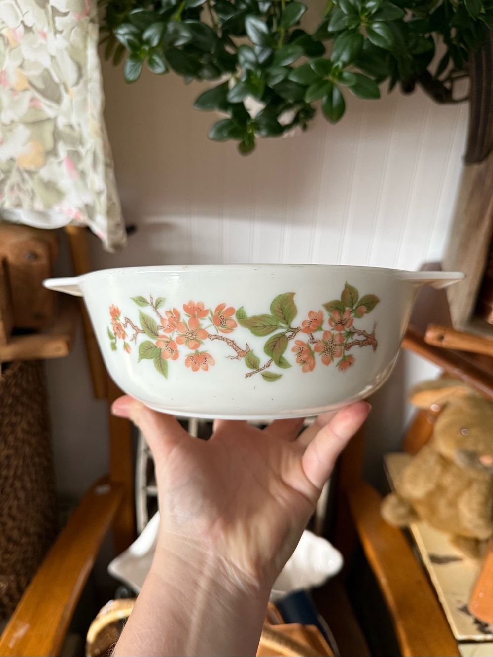 Vintage Pyrex Floral Milk Glass Serving Bowl with Peach Blossoms